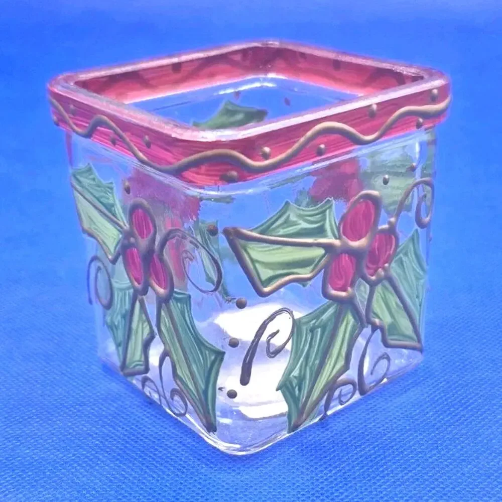GANZ Bella Casa Handpainted Square Glass Candle Holder Holly Berries 2.5